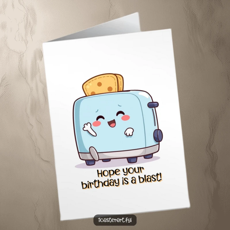 Funny Free Printable Birthday Card: A happy crumb character comically running from an animated toaster, depicting a frantic birthday escape.