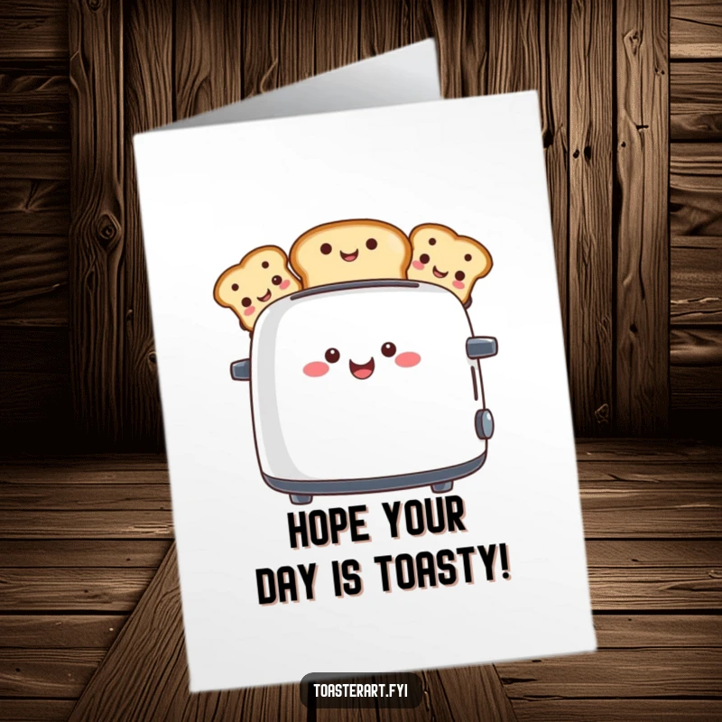 Funny free printable birthday card featuring a happy toaster character popping up toast slices adorned with smiling faces, celebrating.