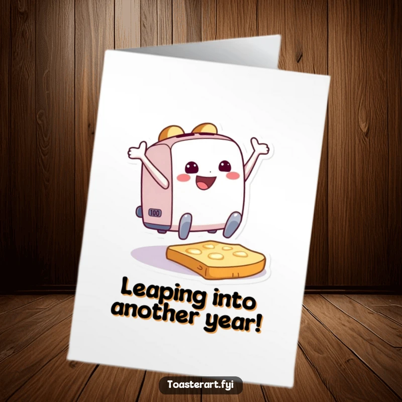 Funny Free Printable Birthday Card: A happy toaster character joyfully leaps onto a slice of toast, celebrating big.