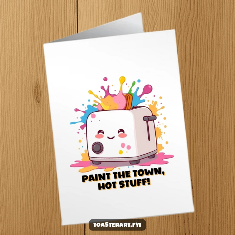 Funny Free Printable Birthday Card of a smiling toaster emitting joyful, colorful paint splatters, celebrating creativity.