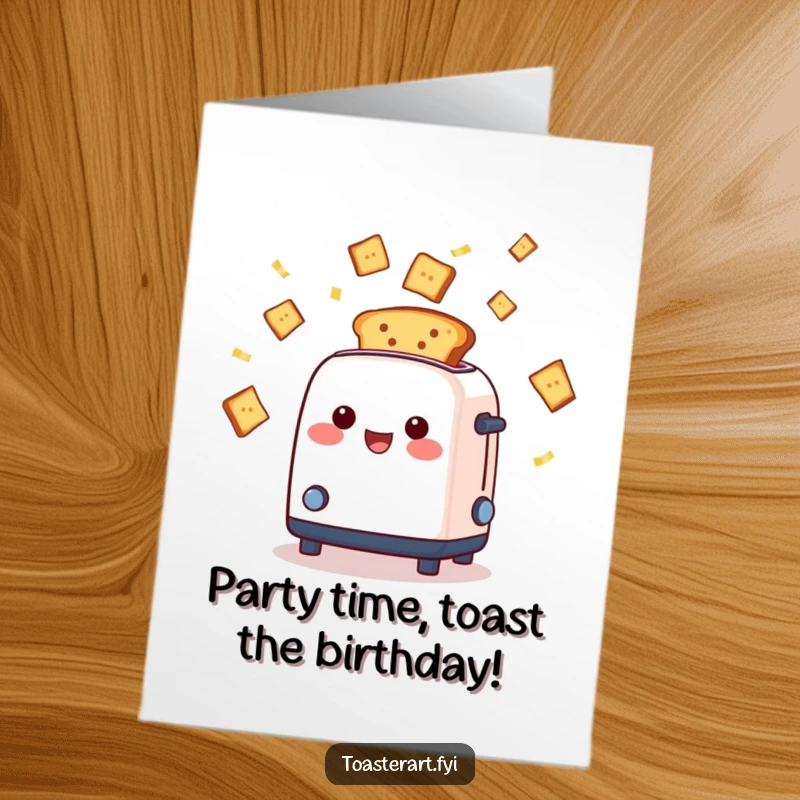 Funny Free Printable Birthday Card featuring a cheerful toaster ejecting toast slices like festive confetti.
