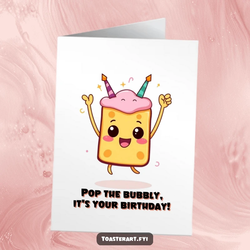 Funny Free Printable Birthday Card featuring a toast character striking a celebratory pose with a joyful jump, perfect for birthdays.