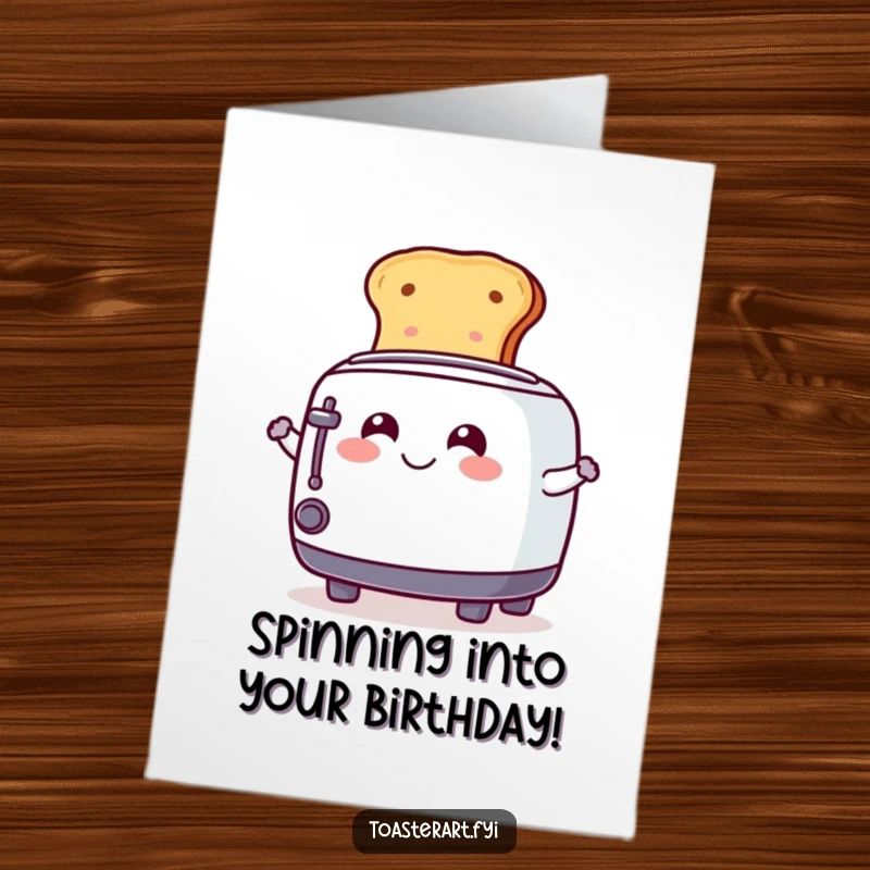 Funny Free Printable Birthday Card: A smiling toaster character playfully spins a slice of toast, full of cheer.