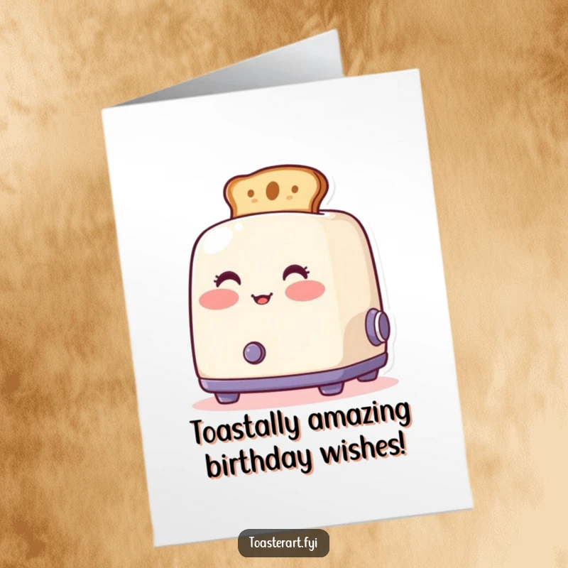 Funny Free Printable Birthday Card featuring a blushing toaster with toast popping out artistically, a quirky and humorous design.