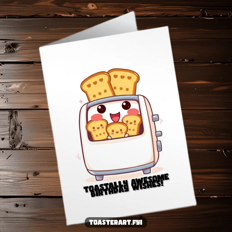 Funny free printable birthday card featuring a cheerful toaster character joyfully ejecting perfectly browned toast figures.
