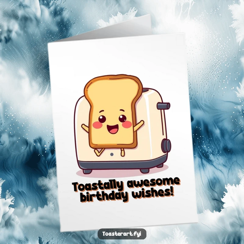Funny Free Printable Birthday Card featuring a smiling toast character comically leaping from a toaster, ready to party.