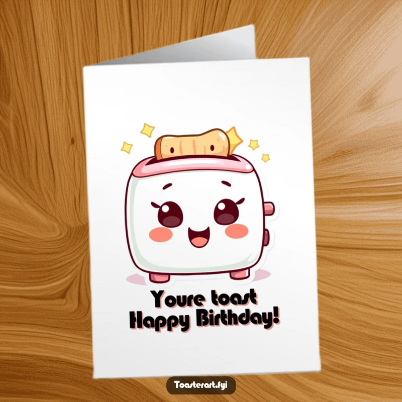Funny Free Printable Birthday Card: A delighted toaster character with glowing hot elements radiating joy.