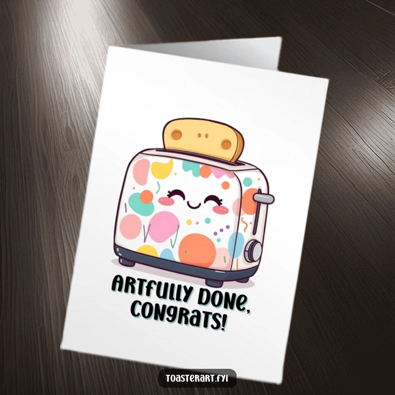 Funny Free Printable Congratulations Card depicting a toaster adorned with colorful abstract art, giggling with congratulations.