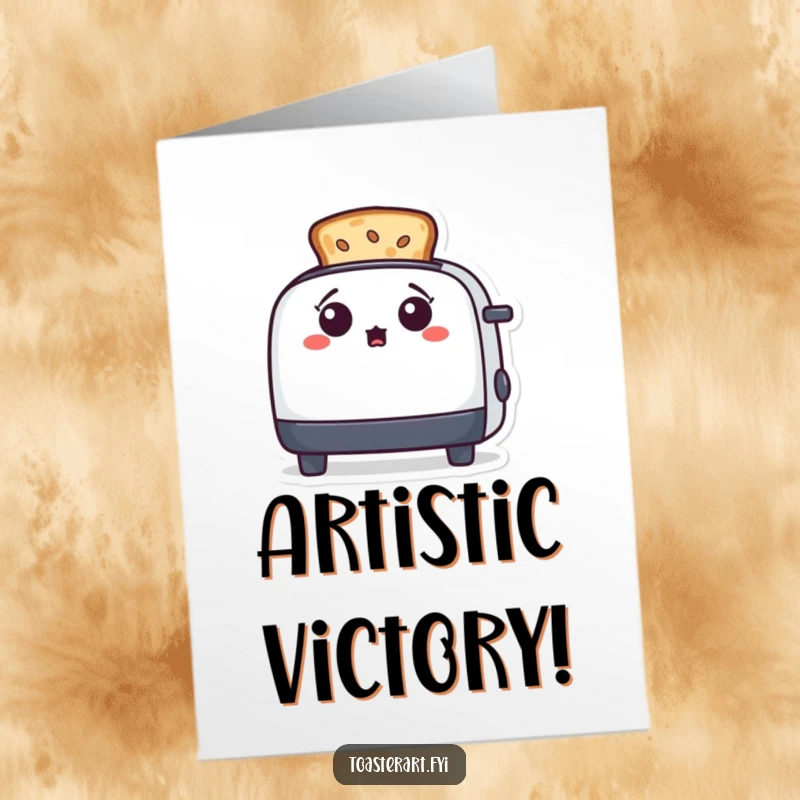 Funny free printable congratulations card featuring a surprised toaster character looking at toast that resembles a work of art.