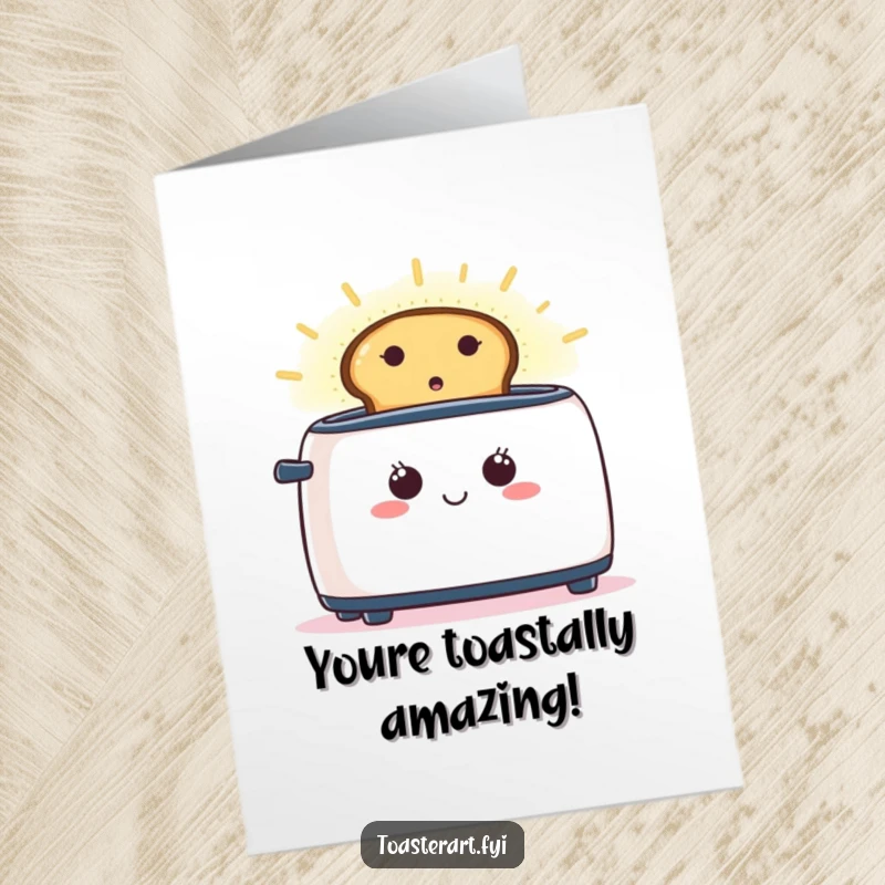Funny Free Printable Congratulations Card showing a happy toaster with toast creating a divine glowing aura, celebrating success.