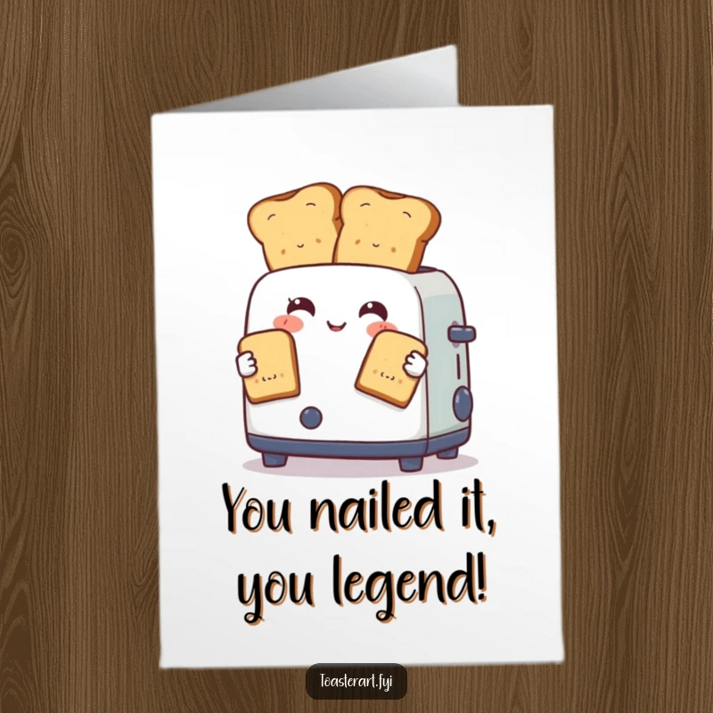 Free Printable Congratulations Card: Comical toaster juggling toast, celebrating a successful moment.