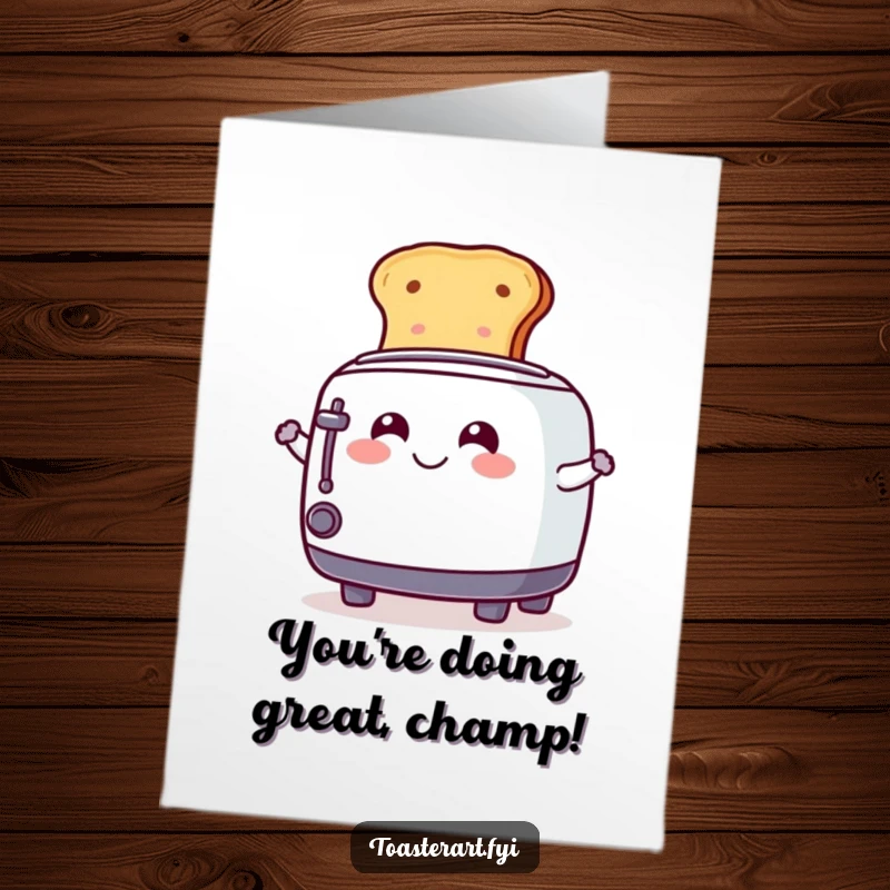 Funny Free Printable Congratulations Card: A smiling toaster spins a slice of toast with playful energy, celebrating their achievement.