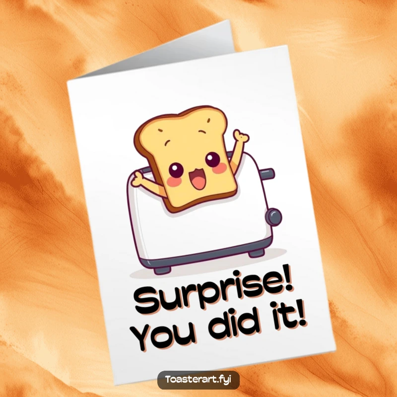 Funny Free Printable Congratulations Card: Surprised toast character comically leaps out of a toaster, celebrating a big moment.