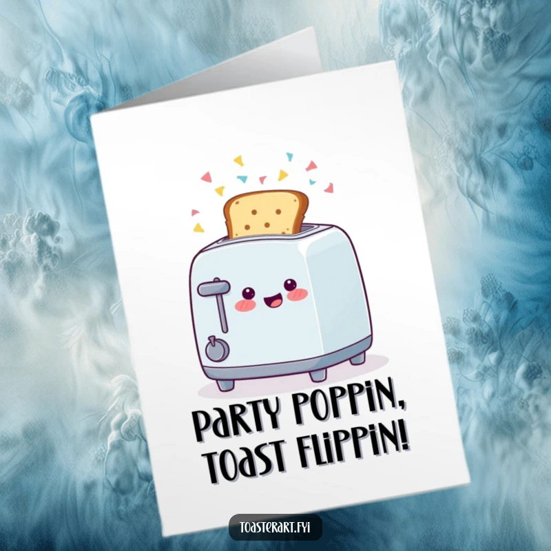 Funny Free Printable Congratulations Card featuring a happy toaster character celebrating with toast and confetti.