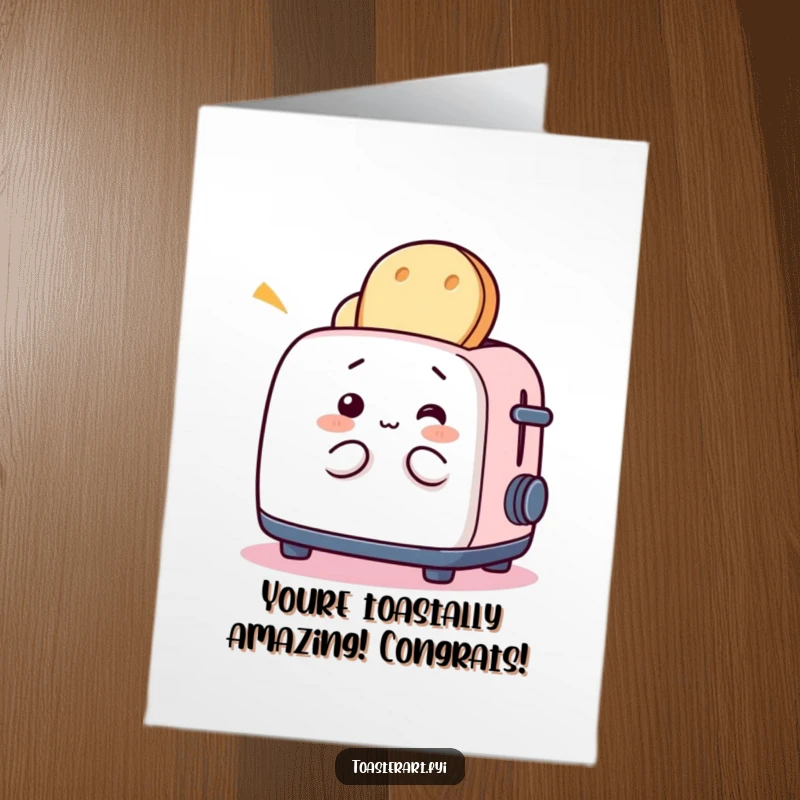 Funny Free Printable Congrats Card: A whimsical toaster character joyfully plays with bread, cheering for success.