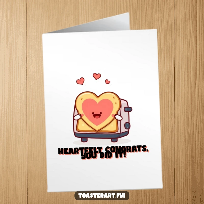 Funny Free Printable Congratulations Card: A toaster character happily creates toast shaped like a heart, a loving congratulation.