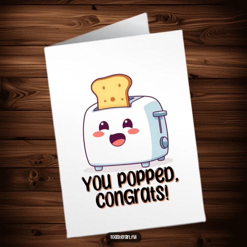 Funny free printable congratulations card featuring a toaster character popping toast with a surprised look, celebrating achievements.