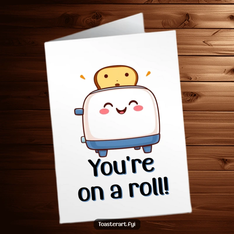 Funny Free Printable Congrats Card: Grinning toaster character joyfully popping up toast, celebrating your fabulous success with enthusiasm.