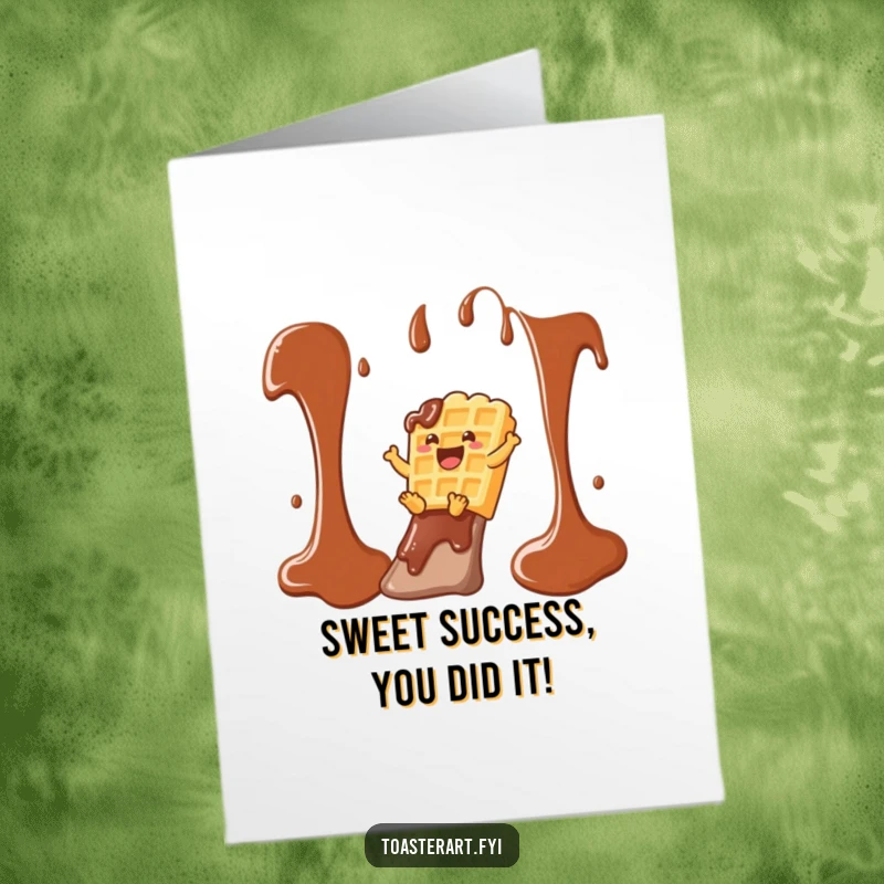 Funny Free Printable Congratulations Card: Waffle character gleefully sliding down a chocolate syrup waterfall for a sweet victory.