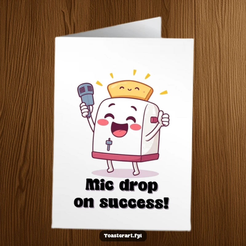 Funny free printable congratulations card showing an excited toaster character performing a mic drop with toast in a celebratory pose.