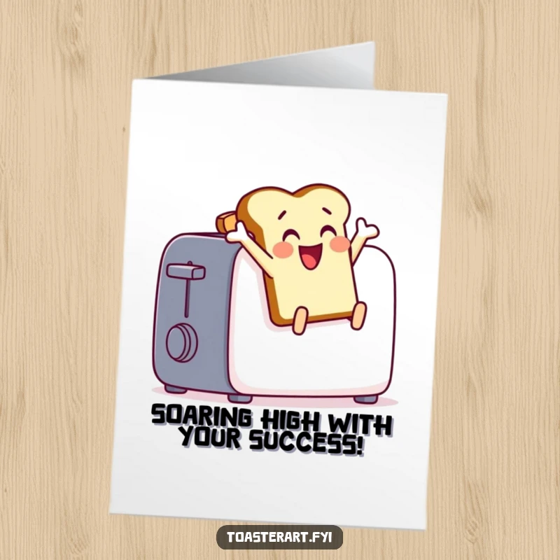 Free Printable Congratulations Card: A happy toast character leaps energetically from a toaster, celebrating your fantastic achievements.