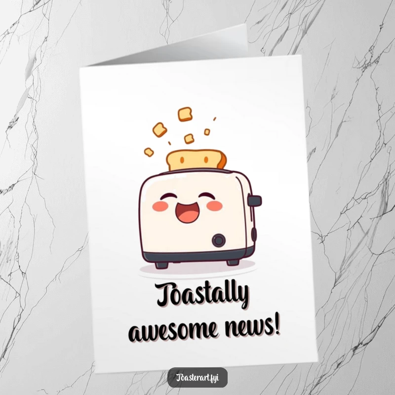 Funny Free Printable Congrats Card featuring a toaster gleefully ejecting toast, symbolizing a successful and explosive achievement.