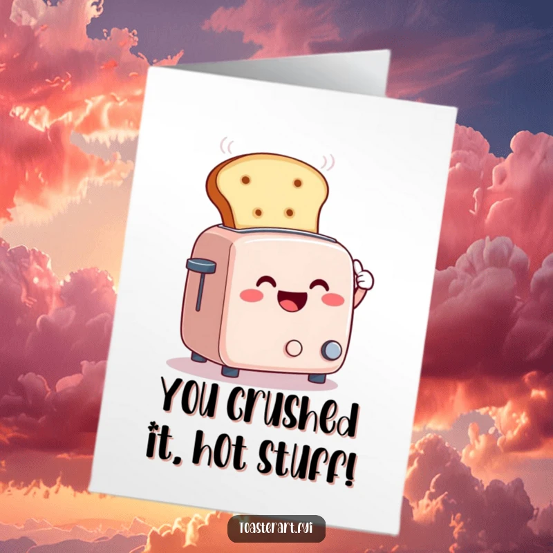 Funny Free Printable Congratulations Card: Smiling toaster fanning away steam with a giant slice of bread, celebrating success with quirky relief.