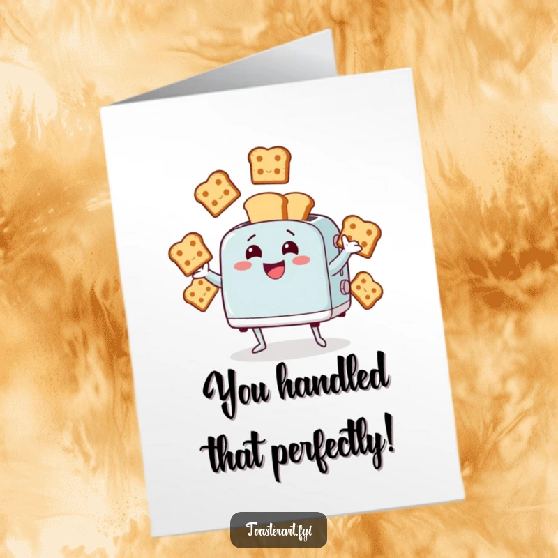 Funny Free Printable Congratulations Card: Giggling toaster character juggles animated bread slices, showcasing impressive skill.