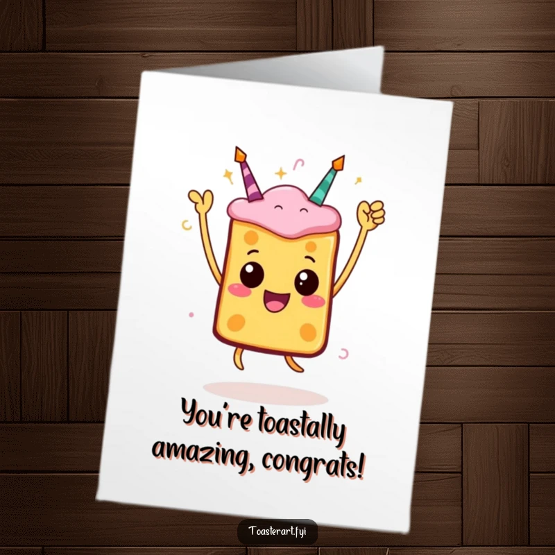 Funny Free Printable Congratulations Card with a toast character doing a celebratory jump pose, embodying victory and joy.