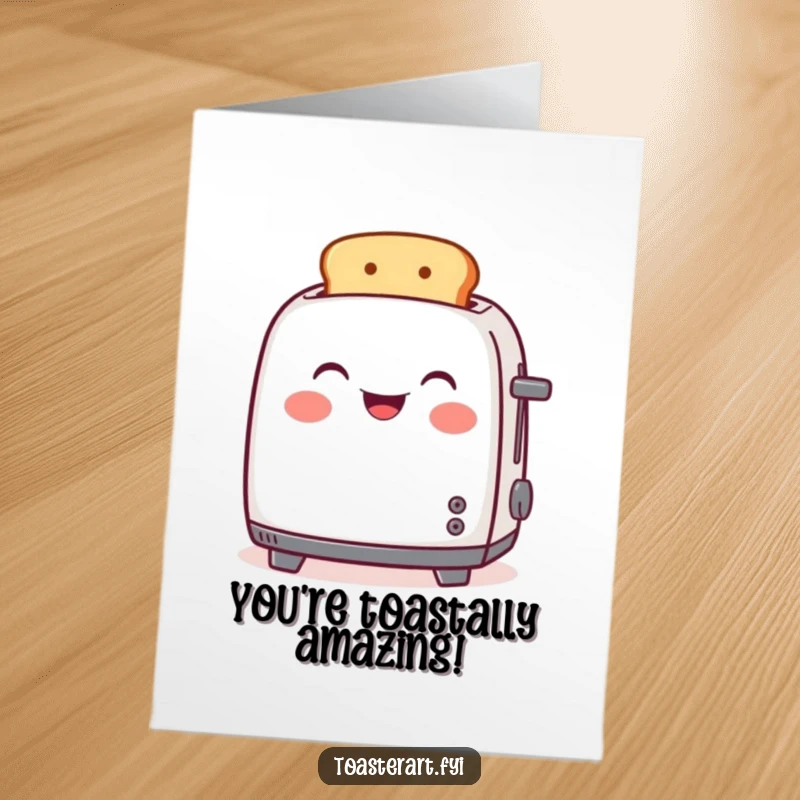 Funny Free Printable Congratulations Card with a beaming toaster celebrating a big win, slots open wide in excitement.