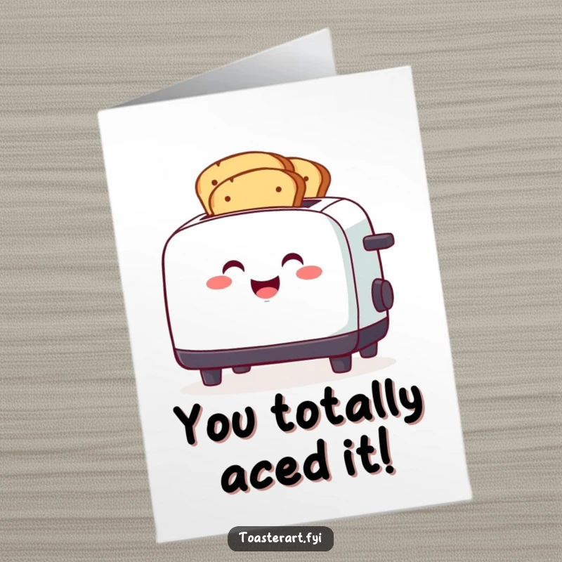 Funny free printable congratulations card showing a smiling toaster character expertly toasting multiple bread slices simultaneously.