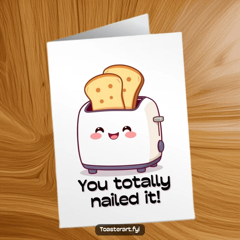Funny Free Printable Congratulations Card: A smiling toaster happily pops out two golden-brown toast slices, celebrating a perfect outcome.