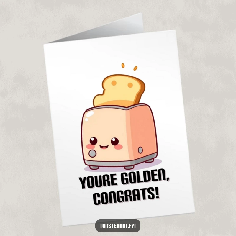 Funny Free Printable Congratulations Card of a happy toaster character successfully popping up toast with a big smile.
