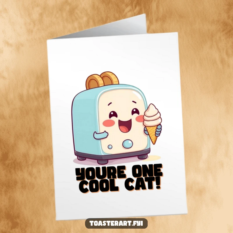 Funny Free Printable Congratulations Card: Happy toaster gleefully trying to bake a tiny ice cream cone, symbolizing sweet success and quirky celebration.