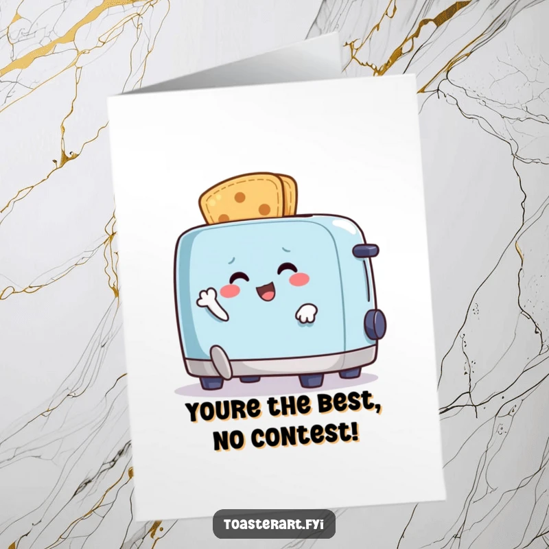 Funny Free Printable Congratulations Card: A happy crumb character comically running from an animated toaster, celebrating a wild, successful escape.
