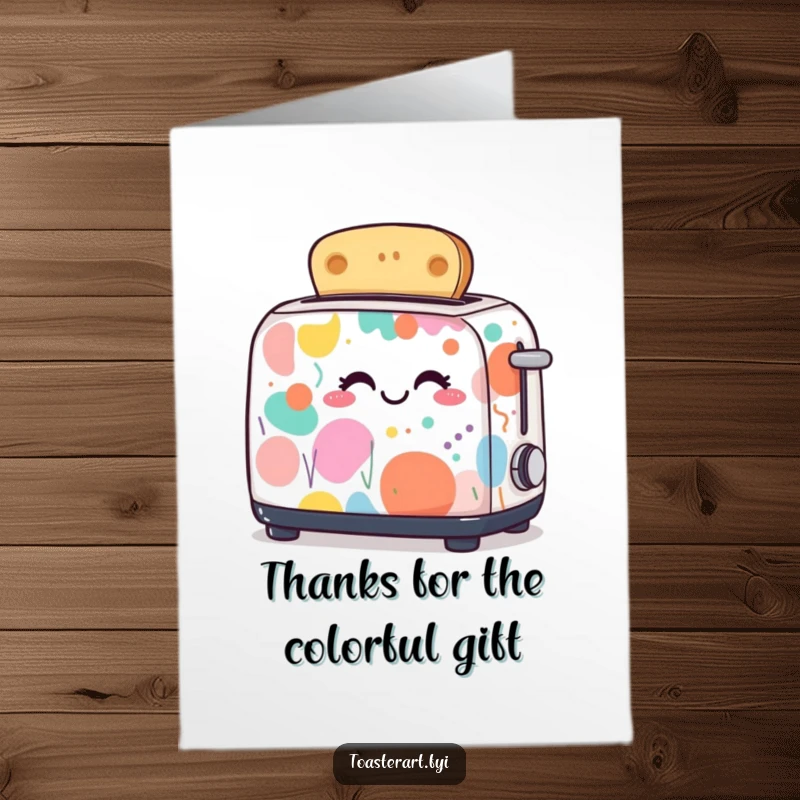 Funny Free Printable Thank You Card showcasing a giggling toaster covered in abstract art, offering a colorful thank you.