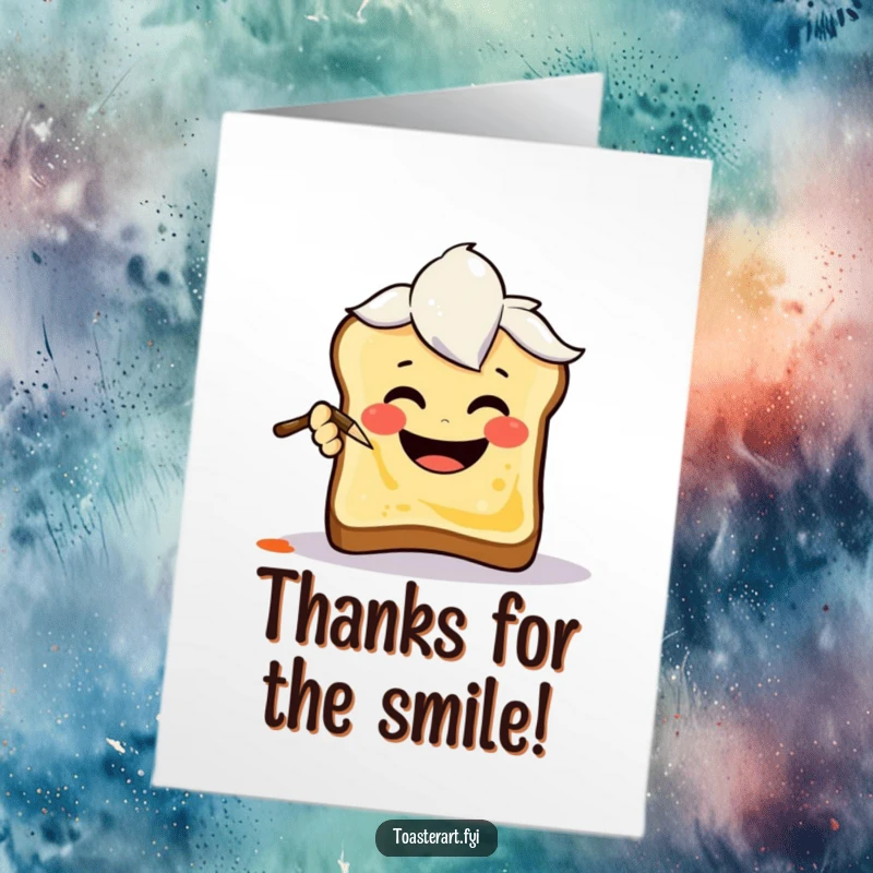 Funny Free Printable Thank You Card: A joyful art brush character painting a smiley face on toast, conveying thanks with art.