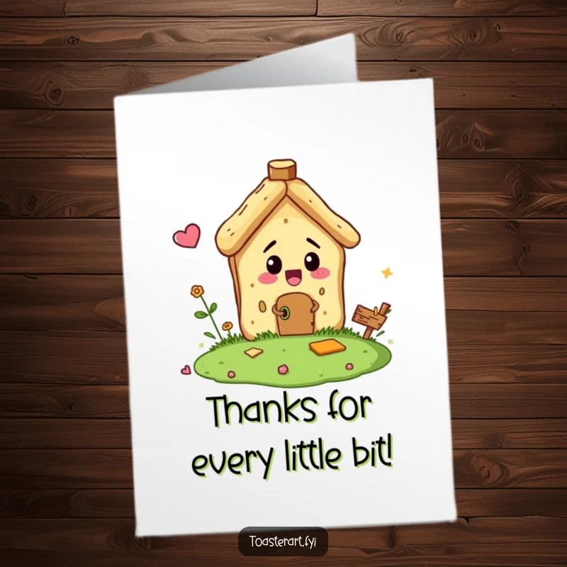 Funny Free Printable Thank You Card: A bread crumb character tries to build a tiny house, a cute and funny way to show thanks.