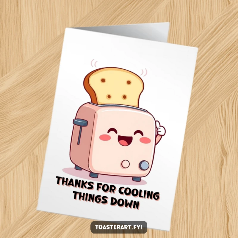 Funny Free Printable Thank You Card: Smiling toaster using a giant bread slice to fan away steam, a humorous expression of thanks.