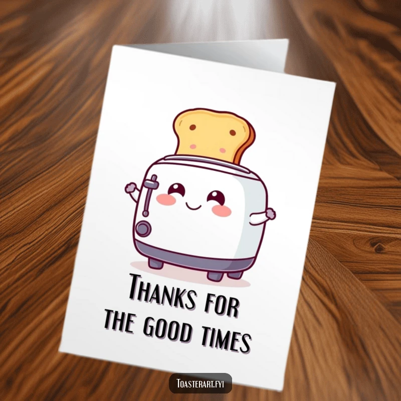 Funny Free Printable Thank You Card: A smiling toaster character playfully spins a slice of toast, showing appreciation.
