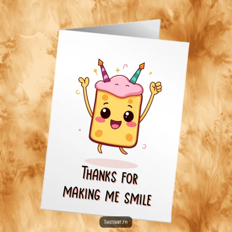 Funny Free Printable Thank You Card featuring a toast character in a celebratory pose with a jump, expressing sincere gratitude.