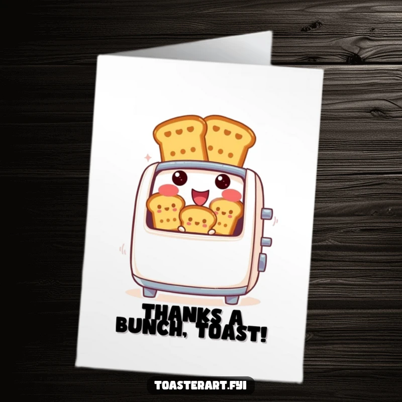 Funny free printable thank you card with a happy toaster character launching toast as a gesture of thanks.