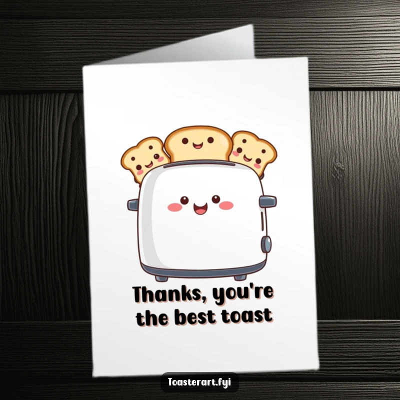 Funny free printable thank you card with a smiling toaster character popping up toast bearing cheerful faces, conveying thanks.
