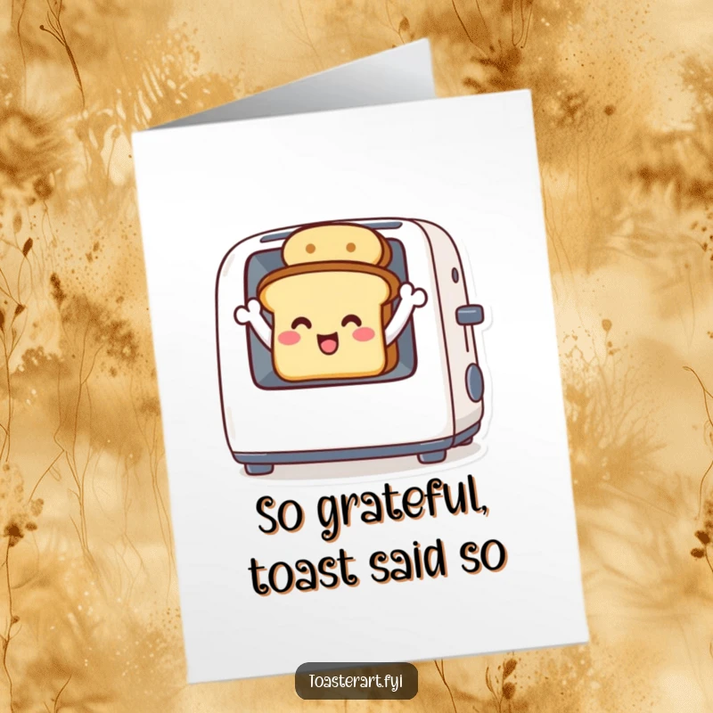 Funny free printable thank you card: A smiling toast character waving hello from the warm interior of a toaster.