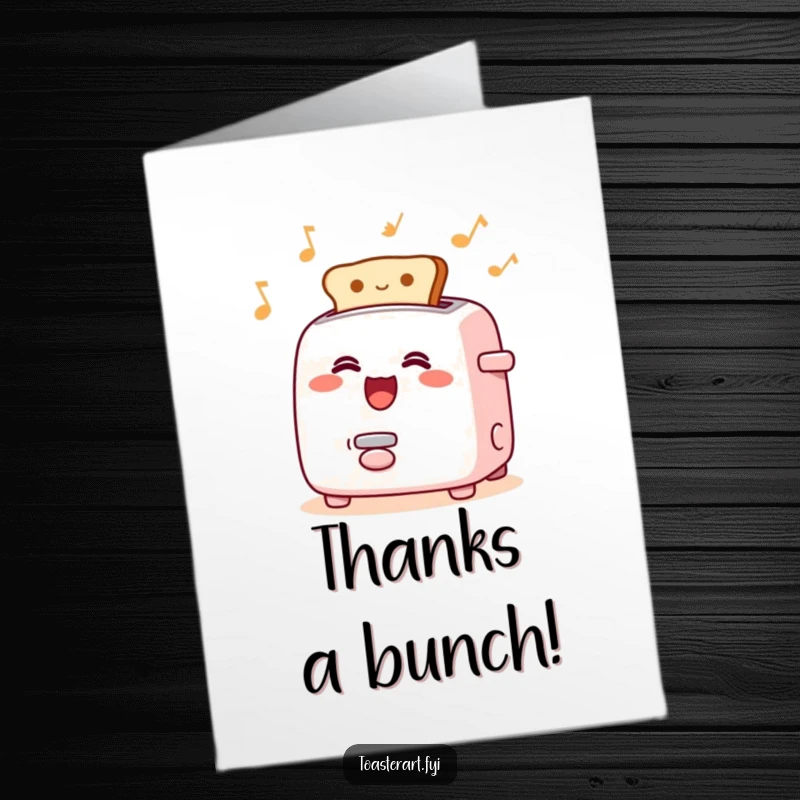 Funny Free Printable Thank You Card: A toaster character sings a song with toast popping rhythmically, perfect for gratitude.