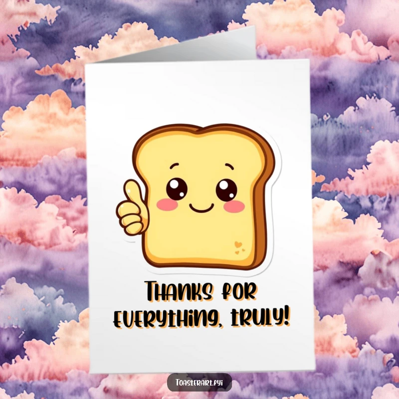 Funny Free Printable Thank You Card with a cheerful toast character giving a positive thumbs up gesture.