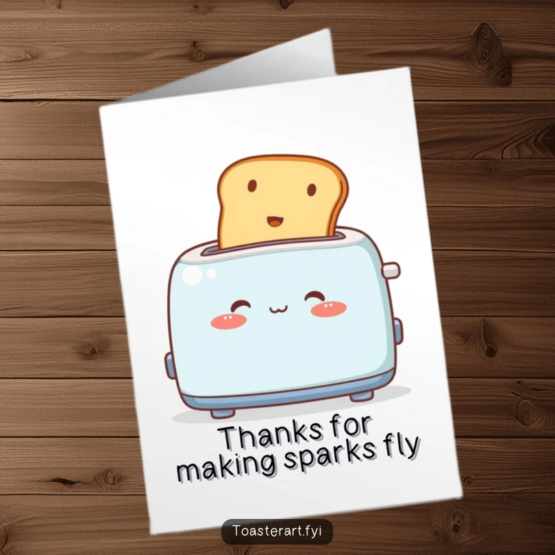 Funny Free Printable Thank You Card: A cute toaster character blushing deeply as toast pops out, showing gratitude.