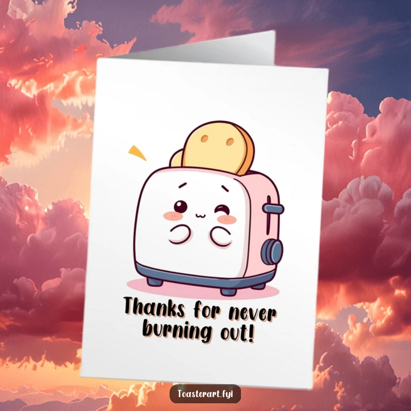 Funny Free Printable Thank You Card: A whimsical toaster character playfully interacts with bread, expressing thanks.