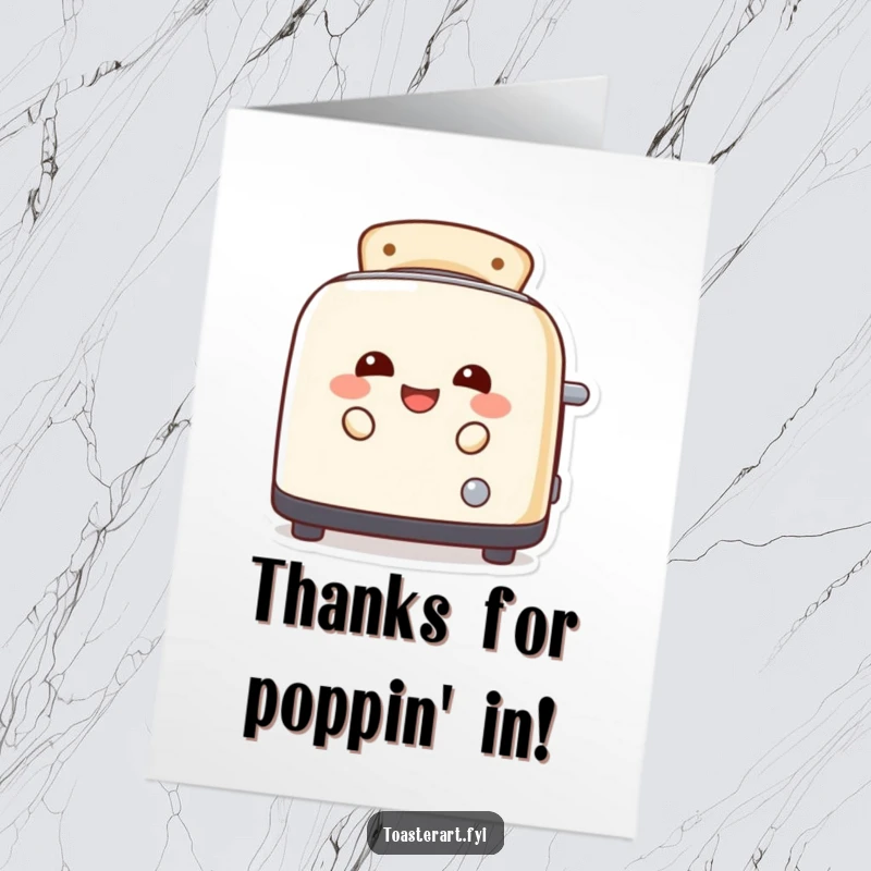 Funny free printable thank you card with a laughing toaster character humorously peeking out from its toast slots with glee.