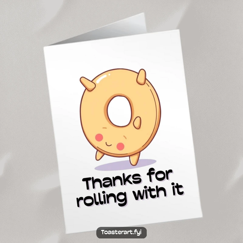 Funny Free Printable Thank You Card featuring a happy bagel doing a backward somersault, a unique downloadable gift.